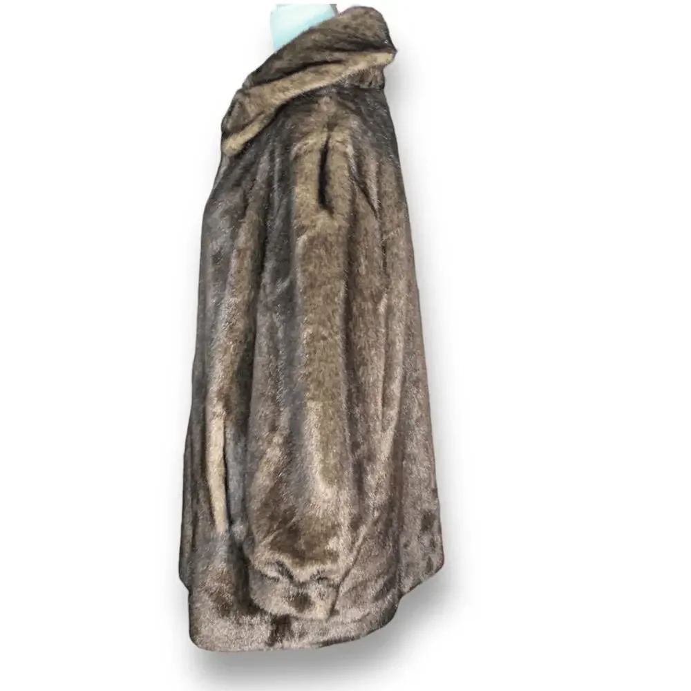 Vintage Reversible Brown Faux Fur Coat Satin Lining‎ Button Front Large Winter